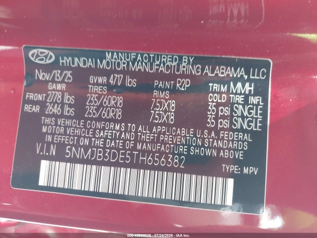 45699026 :رقم المزاد ، 5NMJB3DE5TH656382 vin ، 2026 Hyundai Tucson Sel مزاد بيع