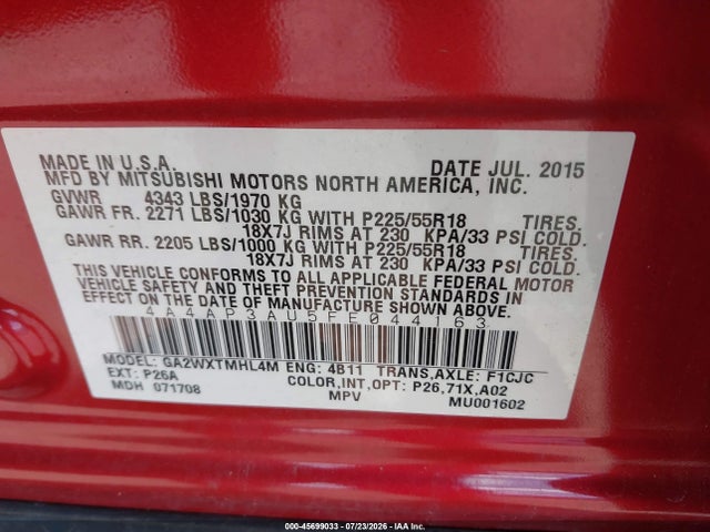 45699033 :رقم المزاد ، 4A4AP3AU5FE044163 vin ، 2015 Mitsubishi Outlander Sport Es مزاد بيع