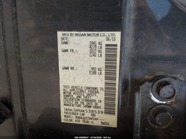 Aukcja sprzedaży 2010 Nissan Altima 2.5 S, vin: 1N4AL2APXAN538539, numer aukcji: 45699047