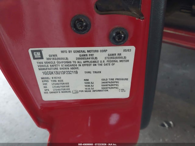 2003 Chevrolet Silverado 1500hd Ls მანქანა იყიდება აუქციონზე, vin: 1GCGK13U13F232119, აუქციონის ნომერი: 45699068