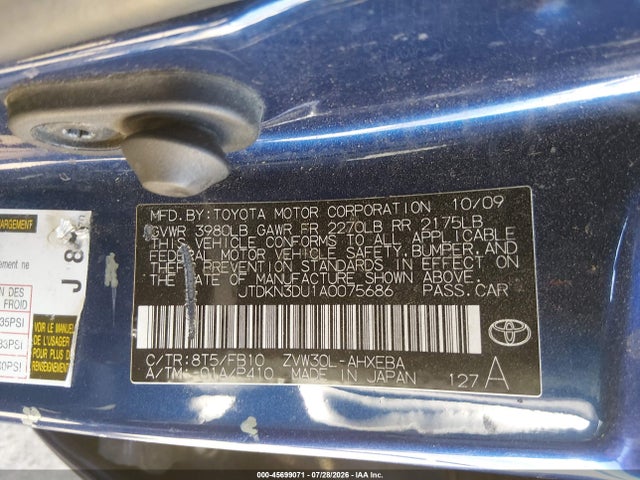 45699071 :رقم المزاد ، JTDKN3DU1A0075686 vin ، 2010 Toyota Prius Iii مزاد بيع