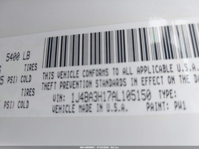 45699091 :رقم المزاد ، 1J4BA3H17AL105150 vin ، 2010 Jeep Wrangler Unlimited Sport مزاد بيع