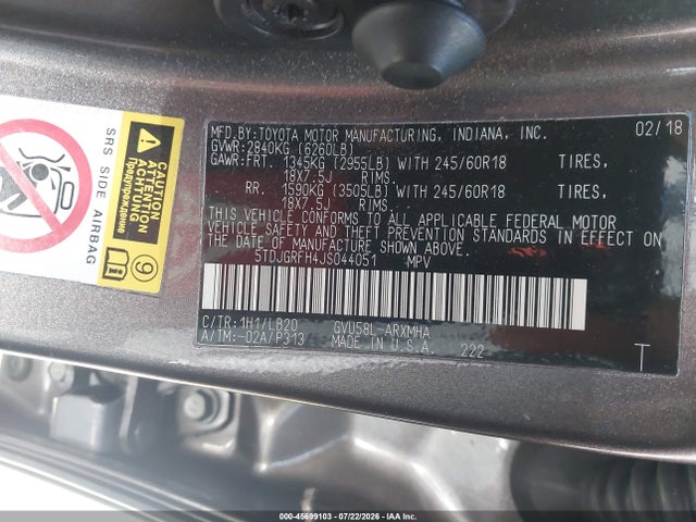 Toyota Highlander Hybrid Xle 2018 5TDJGRFH4JS044051 Image 9