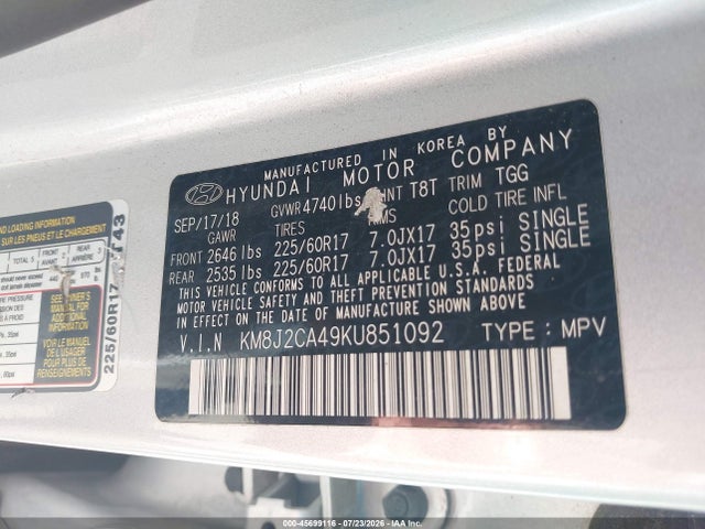 Aukcja sprzedaży 2019 Hyundai Tucson Se, vin: KM8J2CA49KU851092, numer aukcji: 45699116