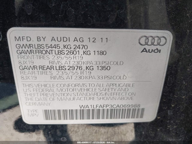 45699117 :رقم المزاد ، WA1LFAFP3CA069988 vin ، 2012 Audi Q5 2.0t Premium مزاد بيع