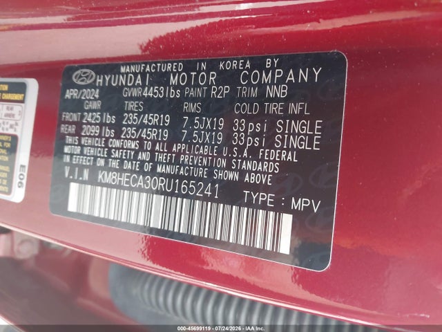 45699119 :رقم المزاد ، KM8HECA30RU165241 vin ، 2024 Hyundai Kona Limited مزاد بيع