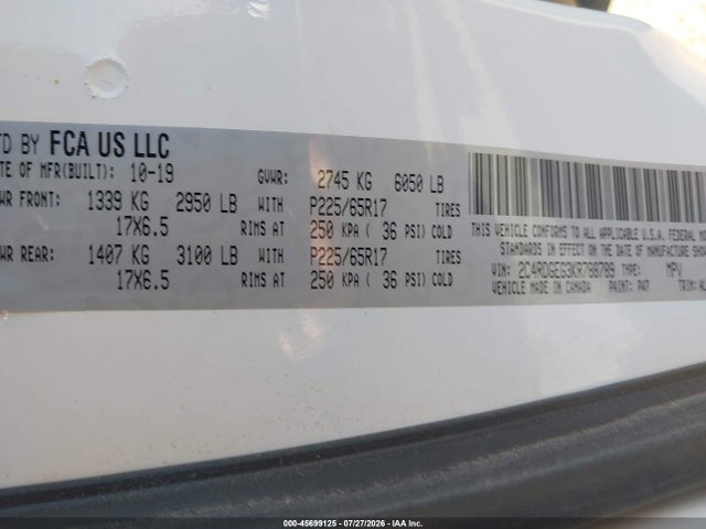 45699125 :رقم المزاد ، 2C4RDGEG3KR788789 vin ، 2019 Dodge Grand Caravan Gt مزاد بيع
