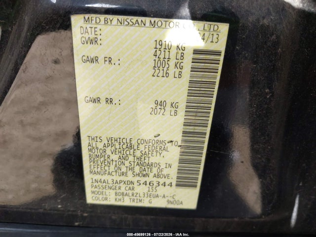 Продажа на аукционе авто 2013 Nissan Altima 2.5 S, vin: 1N4AL3APXDN546344, номер лота: 45699126