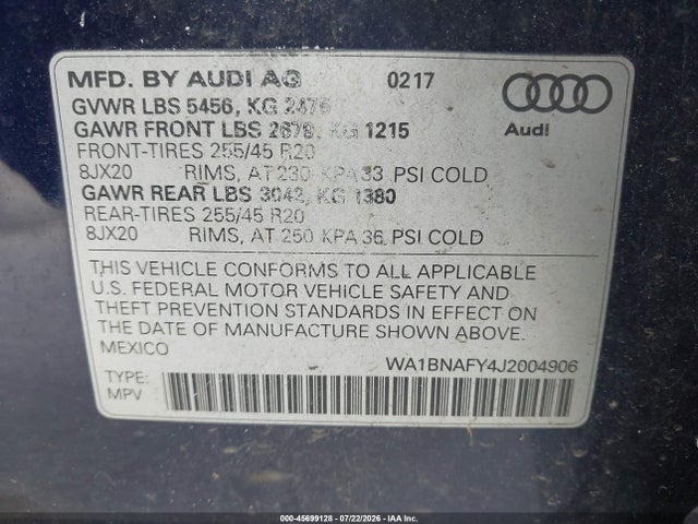 Aukcja sprzedaży 2018 Audi Q5 2.0t Premium/2.0t Tech Premium, vin: WA1BNAFY4J2004906, numer aukcji: 45699128
