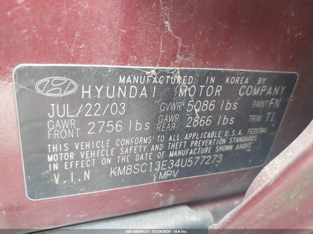 Auction sale of the 2004 Hyundai Santa Fe Gls/lx, vin: KM8SC13E34U577273, lot number: 45699127