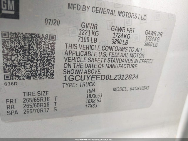 45699139 :رقم المزاد ، 1GCUYEED0LZ312824 vin ، 2020 Chevrolet Silverado 1500 4wd  Short Bed Rst مزاد بيع