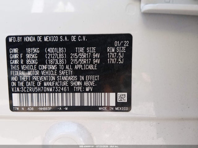 45699161 :رقم المزاد ، 3CZRU5H70NM732461 vin ، 2022 Honda Hr-v 2wd Ex-l مزاد بيع