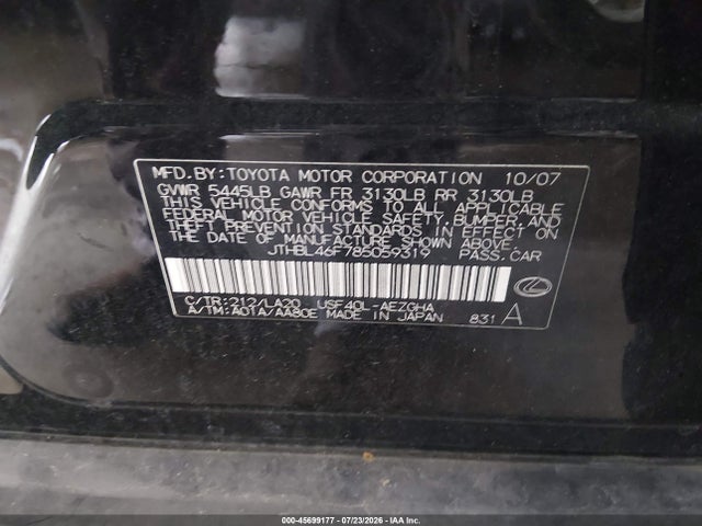 Aukcja sprzedaży 2008 Lexus Ls 460, vin: JTHBL46F785059319, numer aukcji: 45699177