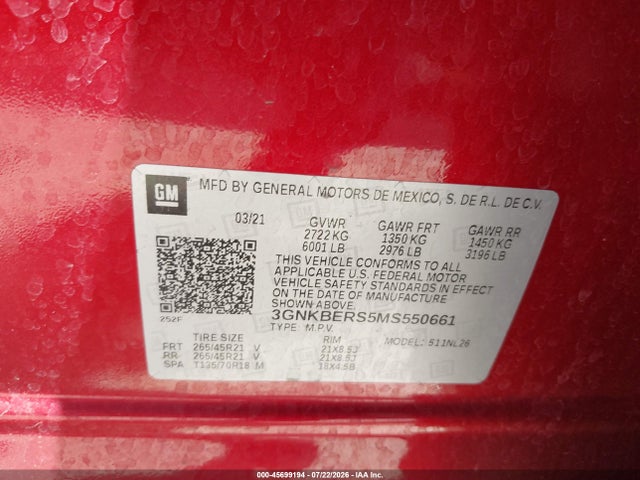 3GNKBERS5MS550661 Chevrolet Blazer Fwd Rs