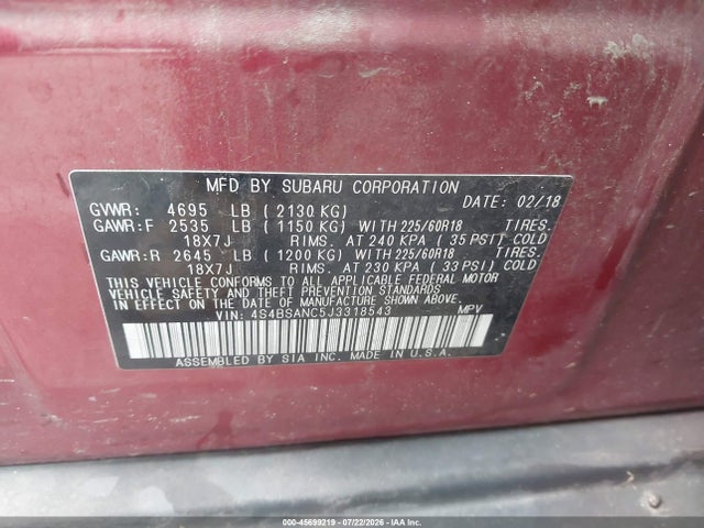 Subaru Outback 2.5i Limited 2018 4S4BSANC5J3318543 Image 9