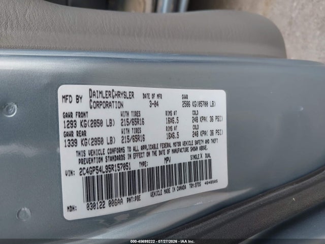Продаж на аукціоні авто 2005 Chrysler Town & Country Touring, vin: 2C4GP54L95R157051, номер лоту: 45699222
