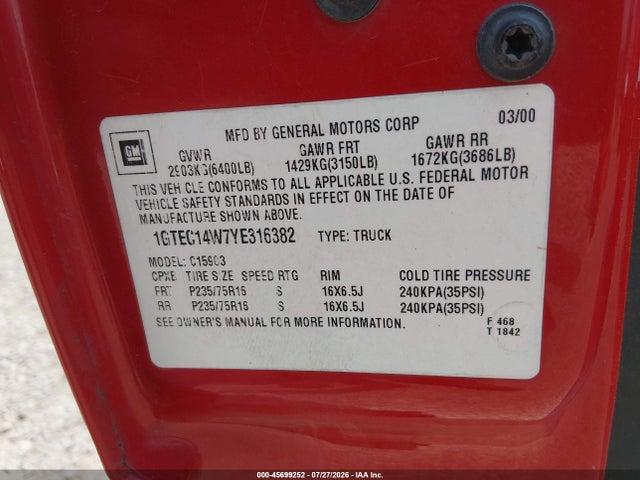 2000 Gmc Sierra 1500 Sl მანქანა იყიდება აუქციონზე, vin: 1GTEC14W7YE316382, აუქციონის ნომერი: 45699252