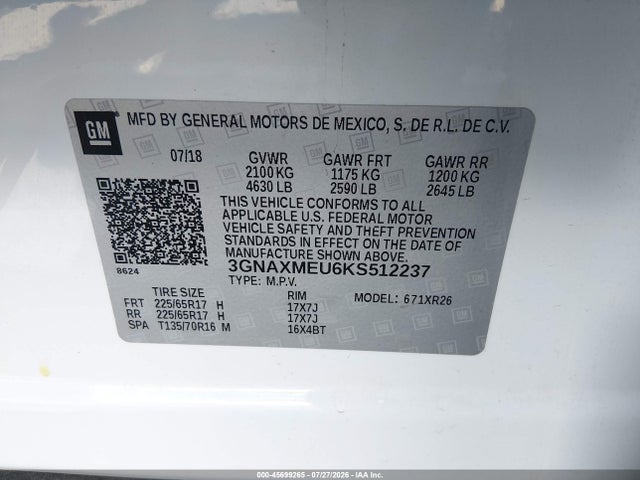 3GNAXMEU6KS512237 Chevrolet EQUINOX LT