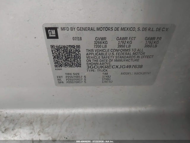 Aukcja sprzedaży 2018 Chevrolet Silverado 1500 1lt, vin: 3GCUKRECXJG497638, numer aukcji: 45699295