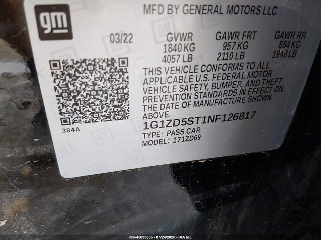 Продажа на аукционе авто 2022 Chevrolet Malibu Fwd Lt, vin: 1G1ZD5ST1NF126817, номер лота: 45699305