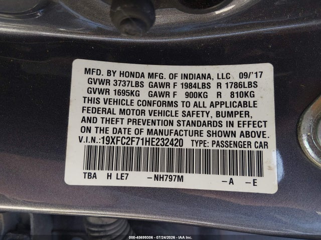 Honda CIVIC EX 2017 19XFC2F71HE232420 Image 9