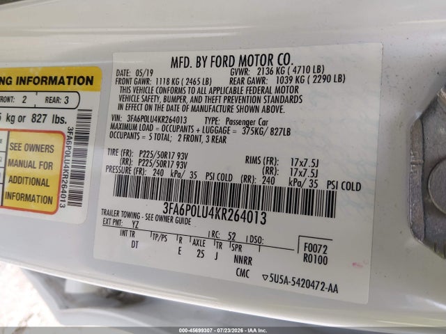 2019 Ford Fusion Hybrid Se მანქანა იყიდება აუქციონზე, vin: 3FA6P0LU4KR264013, აუქციონის ნომერი: 45699307