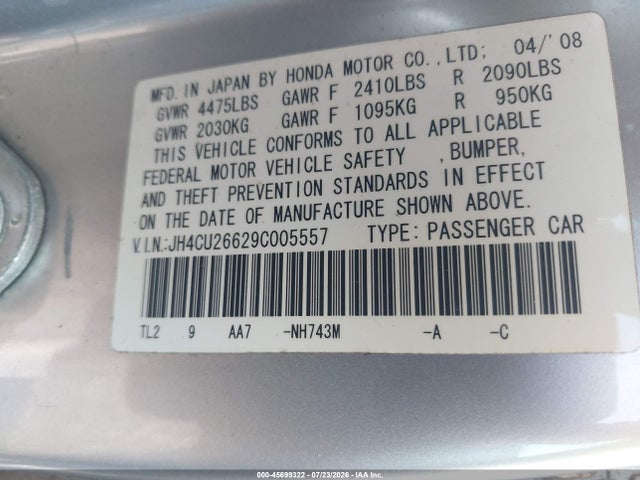 45699322 :رقم المزاد ، JH4CU26629C005557 vin ، 2009 Acura Tsx مزاد بيع