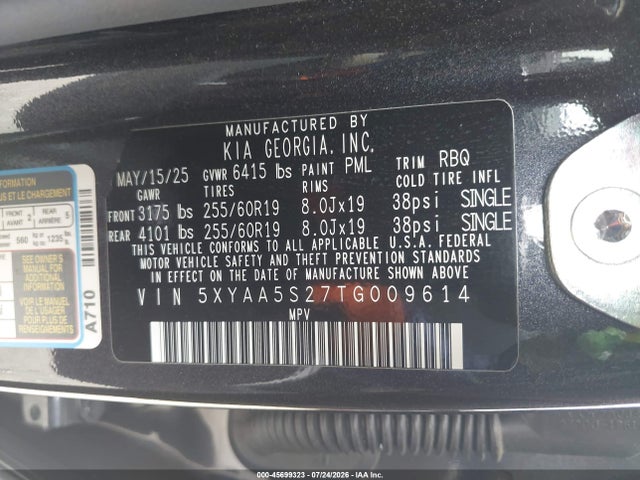 Aukcja sprzedaży 2026 Kia Ev9 Light Short Range, vin: 5XYAA5S27TG009614, numer aukcji: 45699323