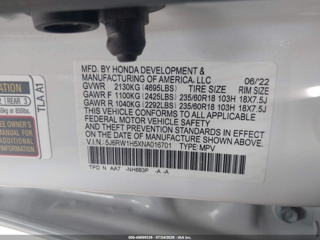 5J6RW1H5XNA016701 Honda Cr-v 2wd Ex