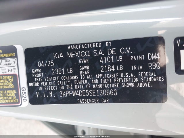 Продажа на аукционе авто 2025 Kia K4 Gt-line, vin: 3KPFW4DE5SE130663, номер лота: 45699337