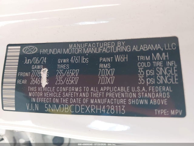 Aukcja sprzedaży 2024 Hyundai Tucson Sel, vin: 5NMJBCDEXRH428113, numer aukcji: 45699340