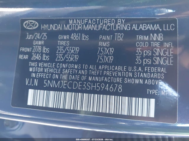 2025 Hyundai Tucson Limited მანქანა იყიდება აუქციონზე, vin: 5NMJECDE3SH594678, აუქციონის ნომერი: 45699357