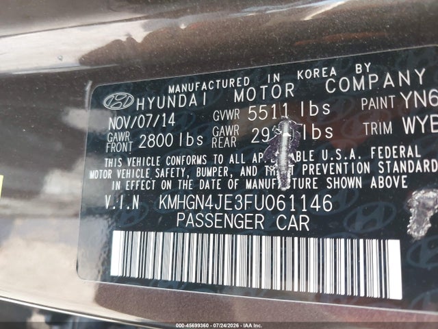 45699360 :رقم المزاد ، KMHGN4JE3FU061146 vin ، 2015 Hyundai Genesis 3.8 مزاد بيع