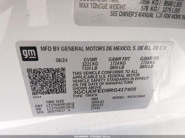 Aukcja sprzedaży 2024 Chevrolet Silverado 1500 4wd  Short Bed Lt Trail Boss, vin: 3GCUDFED9RG417405, numer aukcji: 45699364