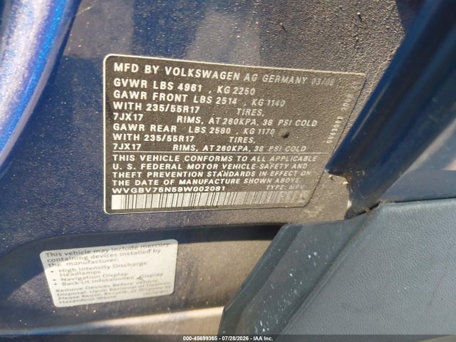 Aukcja sprzedaży 2009 Volkswagen Tiguan Se/sel, vin: WVGBV75N59W002081, numer aukcji: 45699365