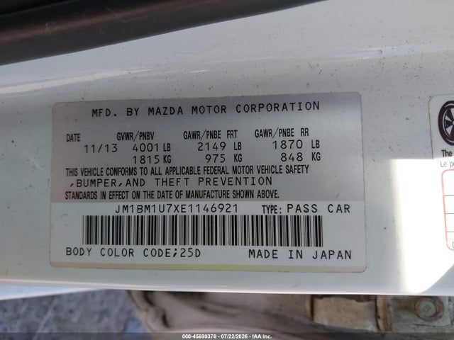 Aukcja sprzedaży 2014 Mazda Mazda3 I Sport, vin: JM1BM1U7XE1146921, numer aukcji: 45699376