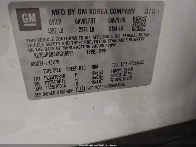 45699379 :رقم المزاد ، KL7CJPSB4KB918095 vin ، 2019 Chevrolet Trax Lt مزاد بيع