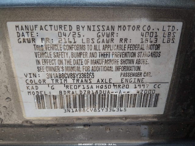 45699387 :رقم المزاد ، 3N1AB8CV8SY336365 vin ، 2025 Nissan Sentra Sv مزاد بيع