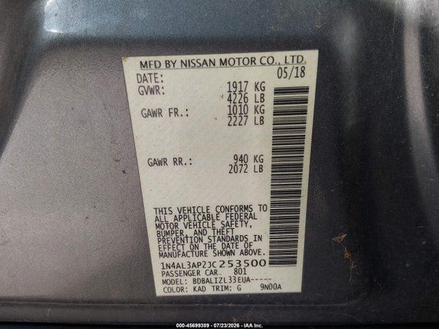 1N4AL3AP2JC253500 Nissan Altima 2.5 Sv