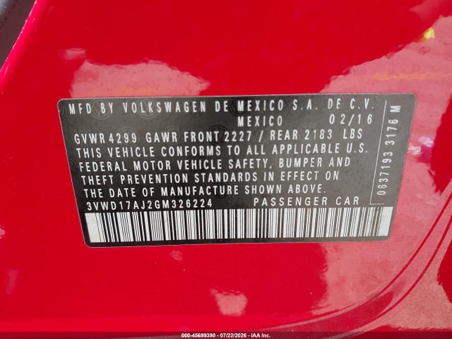 Продажа на аукционе авто 2016 Volkswagen Jetta 1.8t Sport, vin: 3VWD17AJ2GM326224, номер лота: 45699390
