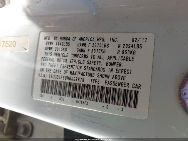 45699420 :رقم المزاد ، 19UUB1F58HA009878 vin ، 2017 Acura Tlx Technology Package مزاد بيع