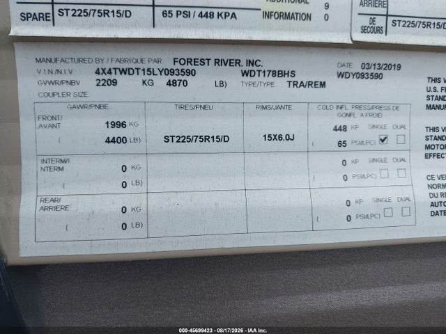 Aukcja sprzedaży 2020 Forest River Wildwood Fsx 178bhs Travel Trailer, vin: 4X4TWDT15LY093590, numer aukcji: 45699423