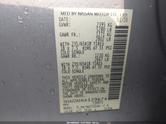 Продажа на аукционе авто 2020 Nissan Murano S Intelligent Awd, vin: 5N1AZ2AS4LN129674, номер лота: 45699426