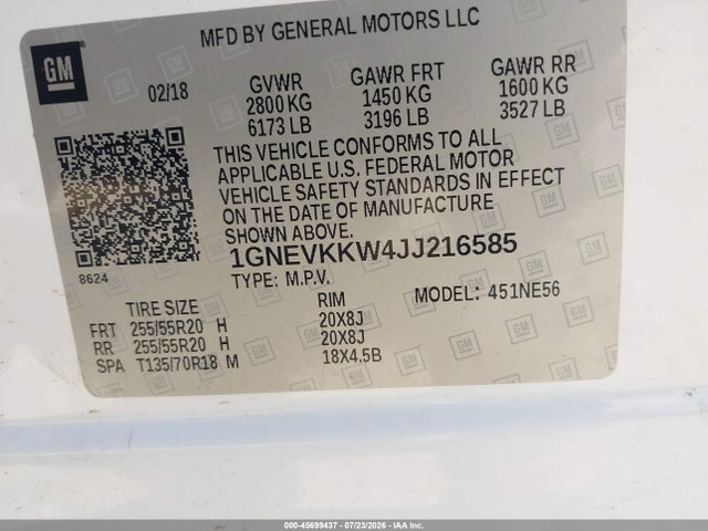 Aukcja sprzedaży 2018 Chevrolet Traverse High Country, vin: 1GNEVKKW4JJ216585, numer aukcji: 45699437