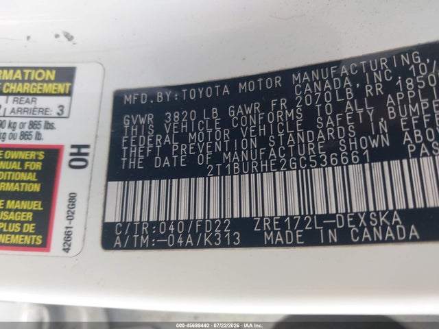 Aukcja sprzedaży 2016 Toyota Corolla S Plus, vin: 2T1BURHE2GC536661, numer aukcji: 45699440