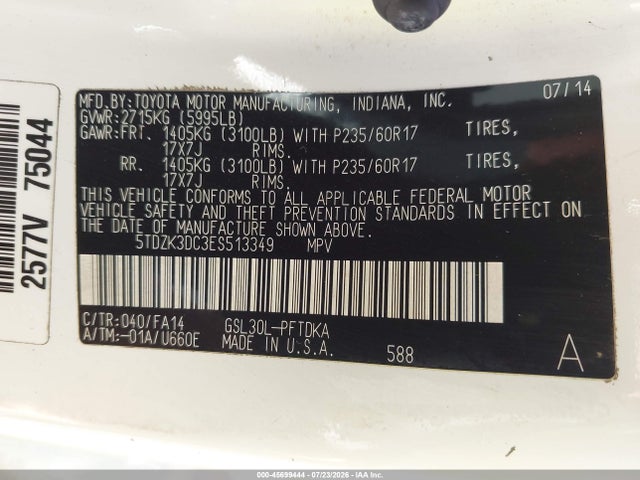 45699444 :رقم المزاد ، 5TDZK3DC3ES513349 vin ، 2014 Toyota Sienna L V6 7 Passenger مزاد بيع