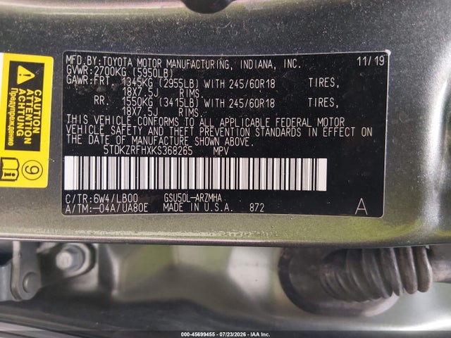 Aukcja sprzedaży 2019 Toyota Highlander Xle, vin: 5TDKZRFHXKS368265, numer aukcji: 45699455