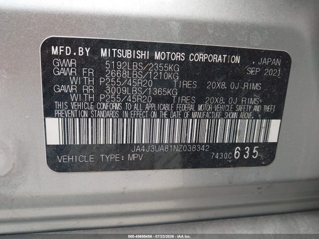 Продаж на аукціоні авто 2022 Mitsubishi Outlander Se 2.5 2wd, vin: JA4J3UA81NZ038342, номер лоту: 45699456