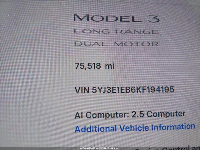 5YJ3E1EB6KF194195 Tesla Model 3 Long Range/performance