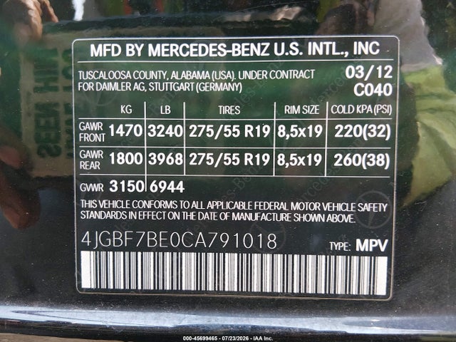 45699465 :رقم المزاد ، 4JGBF7BE0CA791018 vin ، 2012 Mercedes-benz Gl 450 4matic مزاد بيع